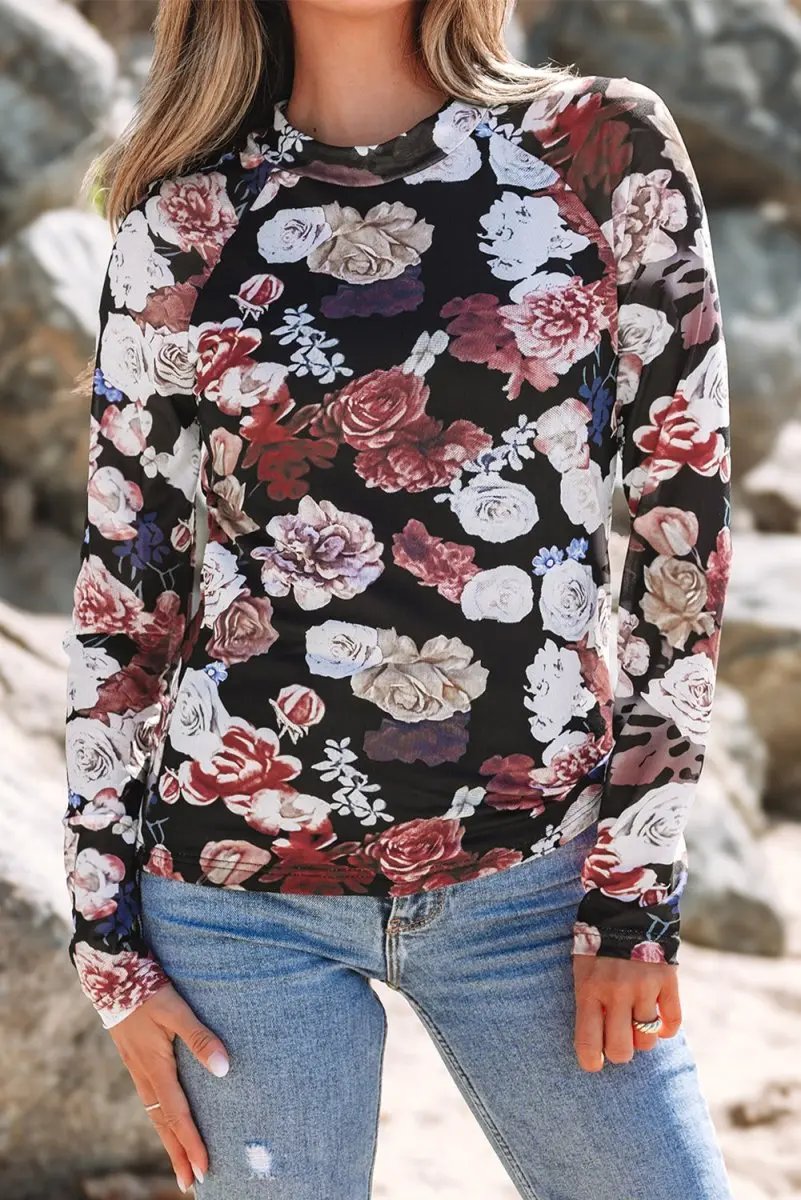 Pink Mesh Floral Print Mock Neck Long Sleeve Slim Top - Love Salve